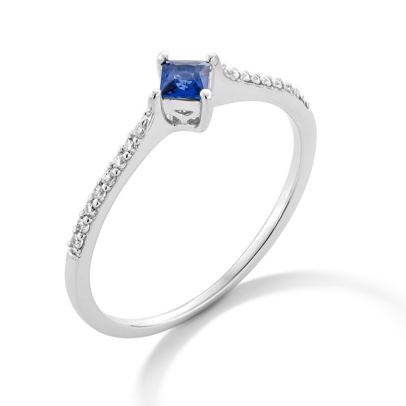 Tilted Princess-Cut Blue and White Lab-Created Sapphire Ring in 10K White Gold