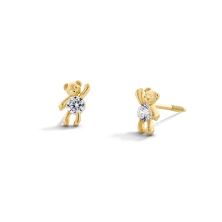 Child’s 3.5mm Cubic Zirconia Stuffed Teddy Bear Stud Earrings in Solid 14K Gold