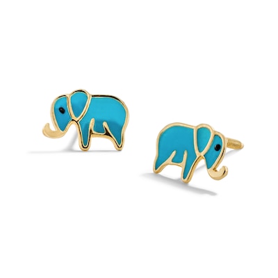 Child's Turquoise and Black Enamel Elephant Stud Earrings in Solid 14K Gold