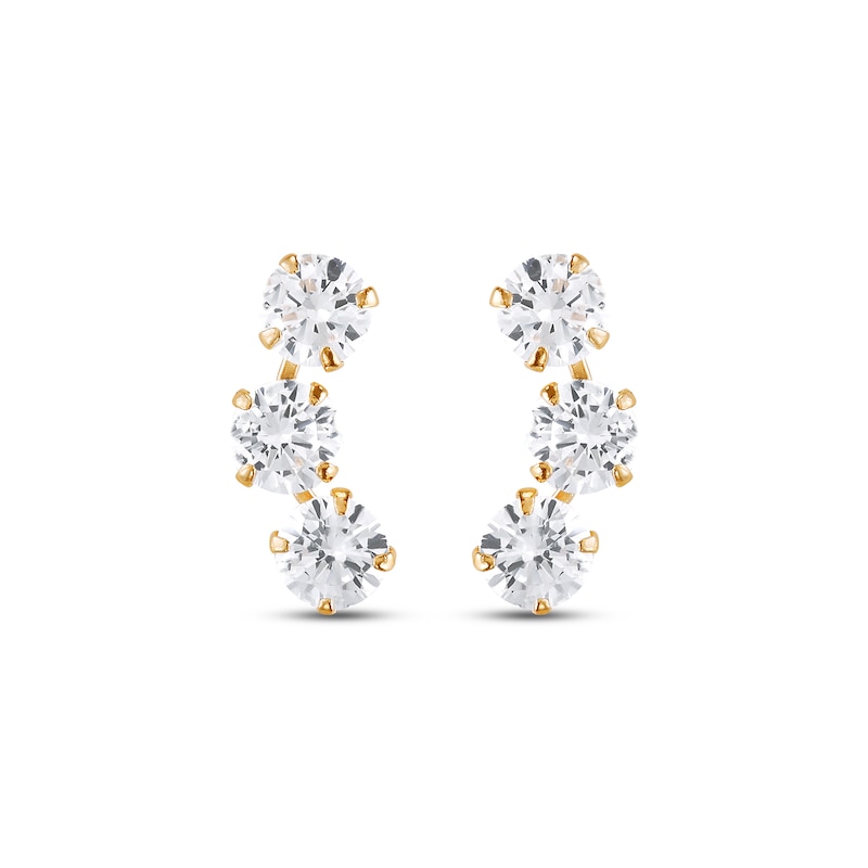 Child’s Cubic Zirconia Curved Three Stone Stud Earrings in Solid 14K Gold