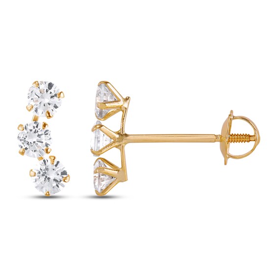 Child’s Cubic Zirconia Curved Three Stone Stud Earrings in Solid 14K Gold