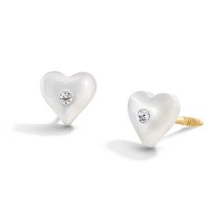 Child's Heart-Shaped Mother-of-Pearl and Crystal Stud Earrings in Solid 14K Gold