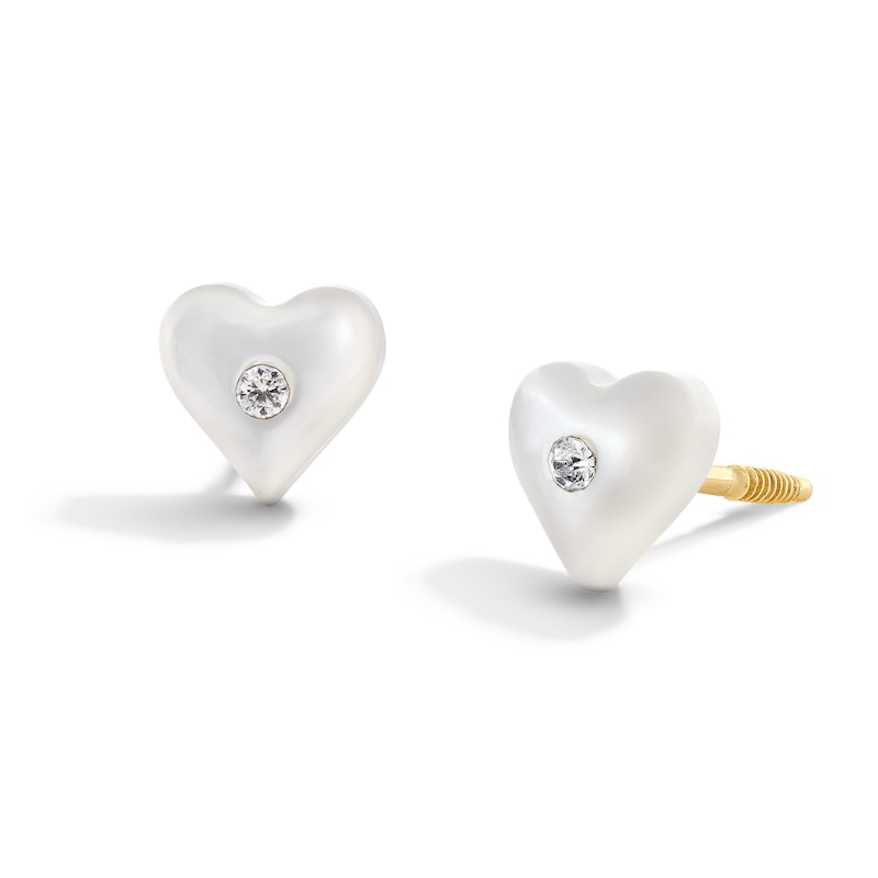 Child's Heart-Shaped Mother-of-Pearl and Crystal Stud Earrings in Solid 14K Gold