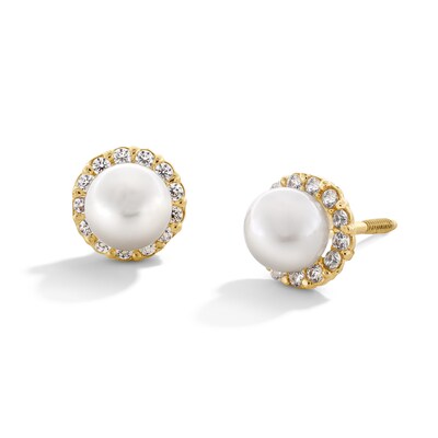 Child’s 4.0mm Button Freshwater Cultured Pearl and Cubic Zirconia Frame Stud Earrings in Solid 14K Gold