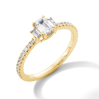 0.69 CT. T.W. Emerald-Cut Canadian Certified Centre Diamond Three Stone Engagement Ring in 14K Gold (I/SI2)