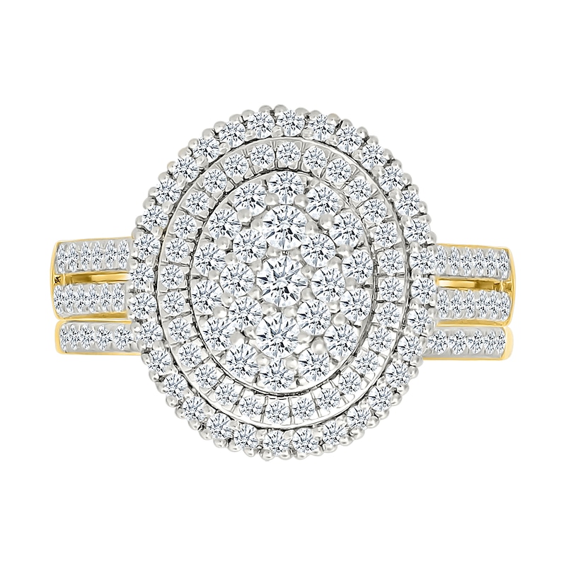 0.95 CT. T.W. Oval-Shaped Multi-Diamond Double Frame Double Row Bridal Set in 10K Gold