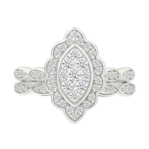 0.45 CT. T.W. Marquise-Shaped Multi-Diamond Flower Frame Scallop Shank Bridal Set in 10K Gold