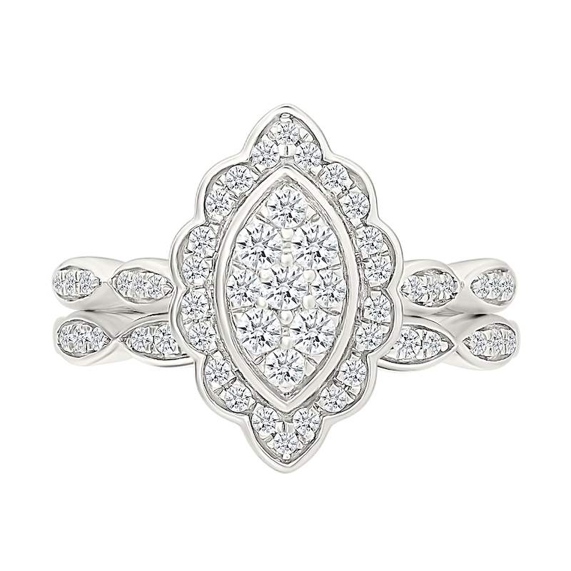 0.45 CT. T.W. Marquise-Shaped Multi-Diamond Flower Frame Scallop Shank Bridal Set in 10K Gold