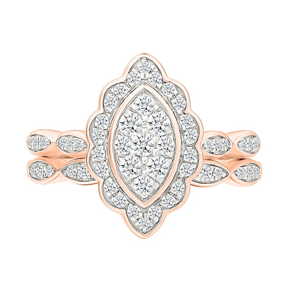 0.45 CT. T.W. Marquise-Shaped Multi-Diamond Flower Frame Scallop Shank Bridal Set in 10K Rose Gold