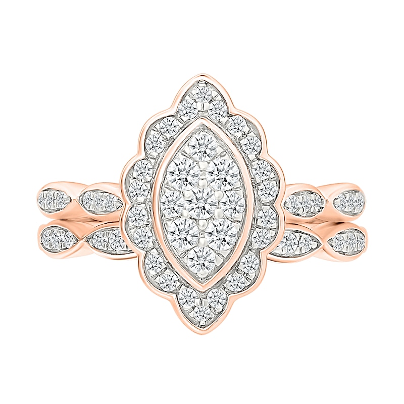 0.45 CT. T.W. Marquise-Shaped Multi-Diamond Flower Frame Scallop Shank Bridal Set in 10K Rose Gold