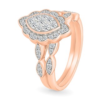 0.45 CT. T.W. Marquise-Shaped Multi-Diamond Flower Frame Scallop Shank Bridal Set in 10K Rose Gold