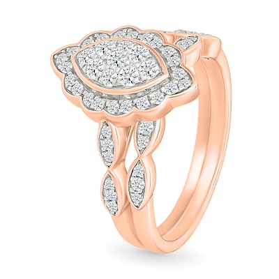 0.45 CT. T.W. Marquise-Shaped Multi-Diamond Flower Frame Scallop Shank Bridal Set in 10K Rose Gold