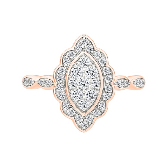 0.45 CT. T.W. Marquise-Shaped Multi-Diamond Flower Frame Scallop Shank Bridal Set in 10K Rose Gold