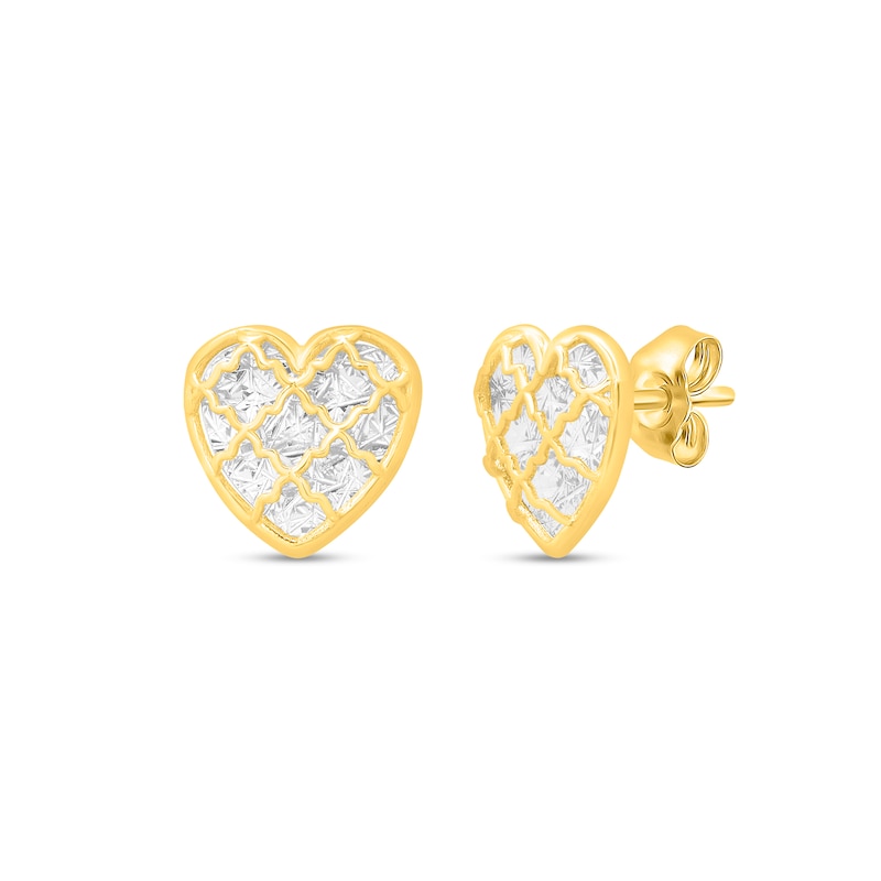 Diamond-Cut Lattice Heart Stud Earrings in 14K Two-Tone Gold