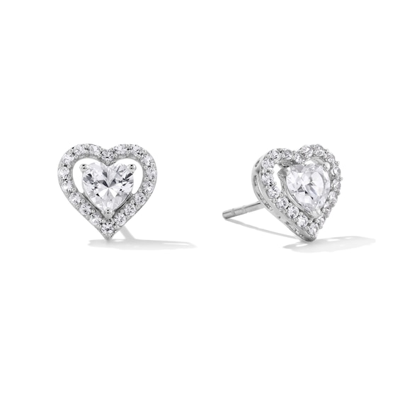 5.0mm Heart-Shaped White Lab-Created Sapphire Frame Stud Earrings in Sterling Silver