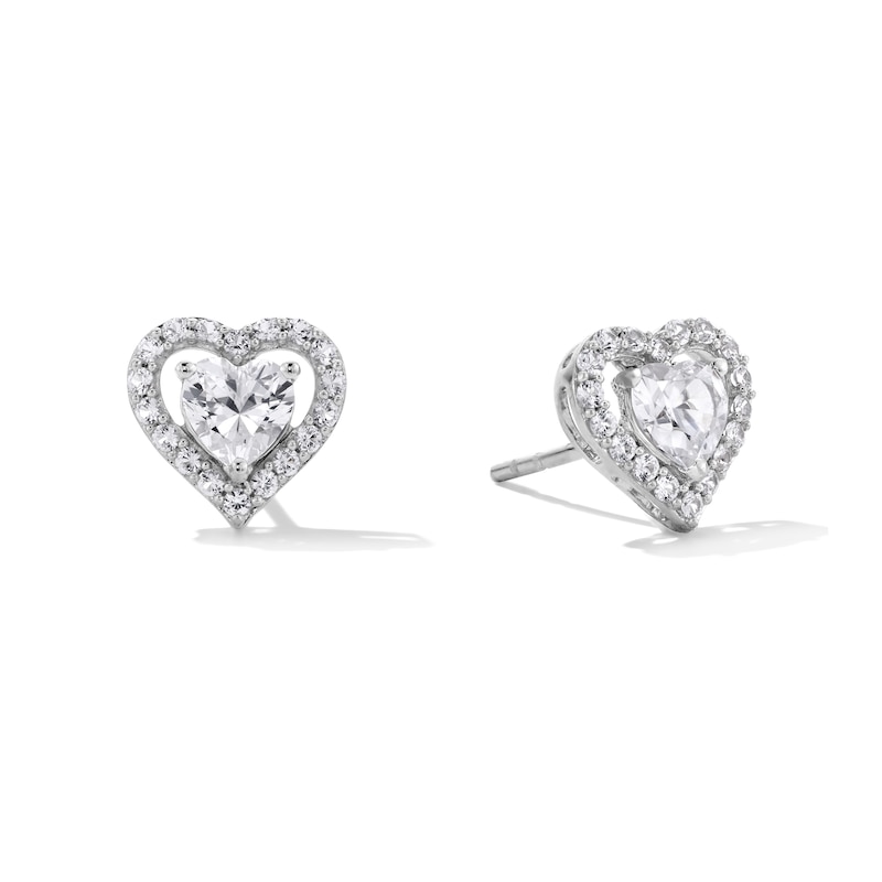 Main Image 1 of 5.0mm Heart-Shaped White Lab-Created Sapphire Frame Stud Earrings in Sterling Silver