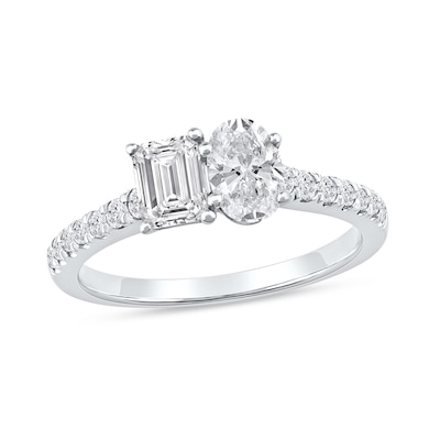 1.25 CT. T.W. Oval and Emerald-Cut Certified Lab-Created Diamond Engagement Ring in 14K Gold (F/VS2