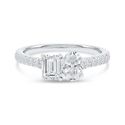 1.25 CT. T.W. Oval and Emerald-Cut Certified Lab-Created Diamond Engagement Ring in 14K Gold (F/VS2