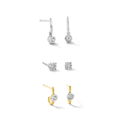 0.19 CT. T.W. Diamond Miracle Solitaire Three Pair Earrings Set in Sterling Silver and 14K Gold Plate