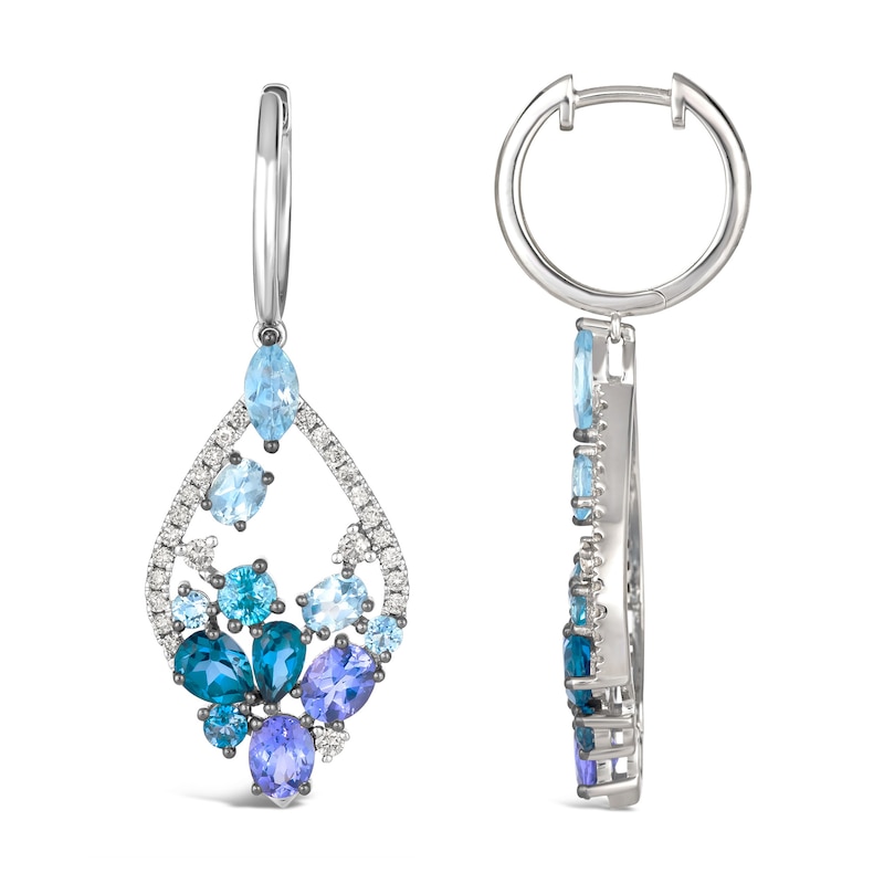 Le Vian® Blue Topaz, Tanzanite, Blue Zircon and 0.37 CT. T.W. Nude Diamond™ Hoop Drop Earrings in 14K Vanilla Gold®