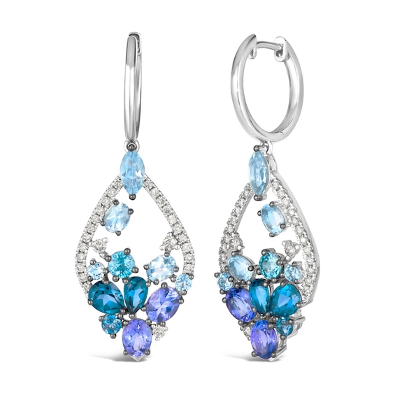 Le Vian® Blue Topaz, Tanzanite, Blue Zircon and 0.37 CT. T.W. Nude Diamond™ Hoop Drop Earrings in 14K Vanilla Gold®