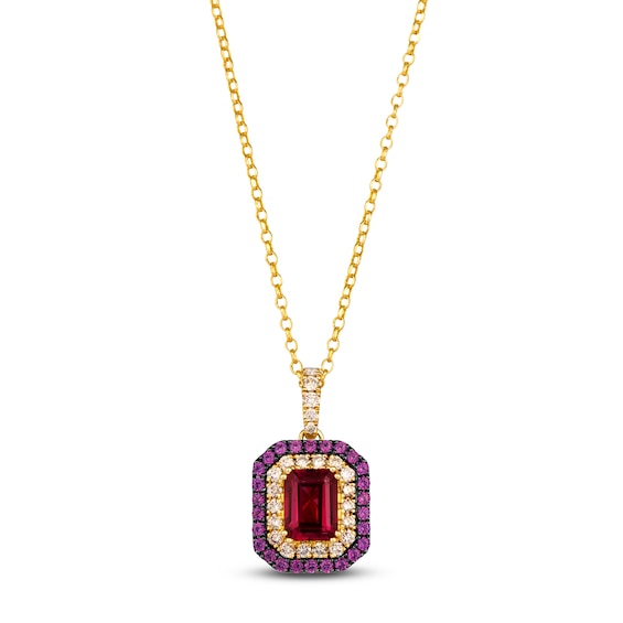 Le Vian® Emerald-Cut Raspberry Rhodolite® Garnet and 0.45 CT. T.W. Diamond Double Frame Pendant in 14K Honey Gold™ - 19”