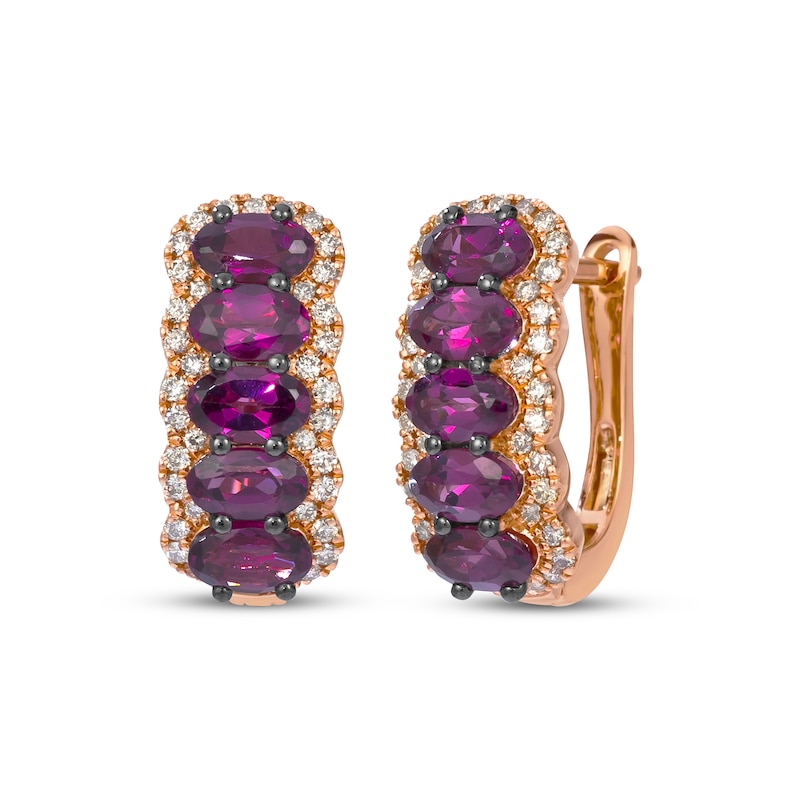 Le Vian® Oval Raspberry Rhodolite™ Garnet and 0.29 CT. T.W. Nude Diamond™ Frame Hoop Earrings in 14K Strawberry Gold®