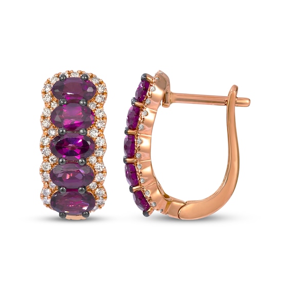 Le Vian® Oval Raspberry Rhodolite™ Garnet and 0.29 CT. T.W. Nude Diamond™ Frame Hoop Earrings in 14K Strawberry Gold®