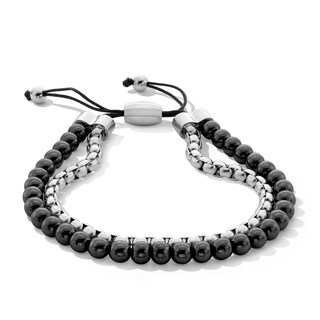 6.0mm Hematite Bead and Box Chain Bolo Bracelet in Stainless Steel - 10.5”