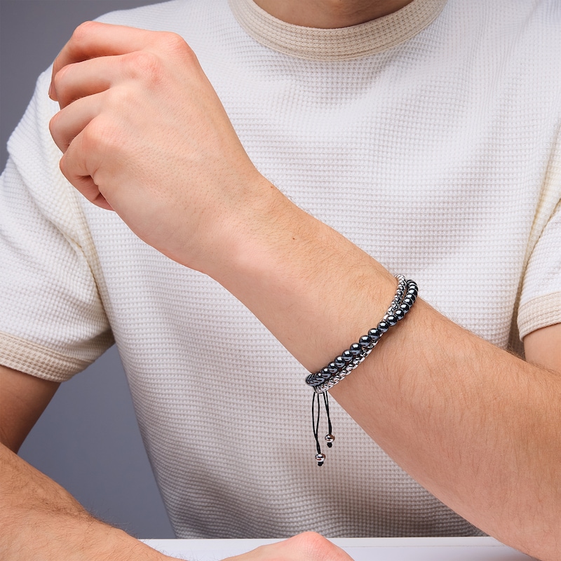 6.0mm Hematite Bead and Box Chain Bolo Bracelet in Stainless Steel - 10.5”