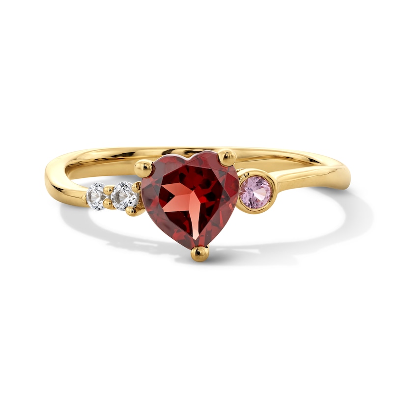 6.0mm Heart-Shaped Garnet with Pink and White Lab-Created Sapphire Ring in 10K Gold