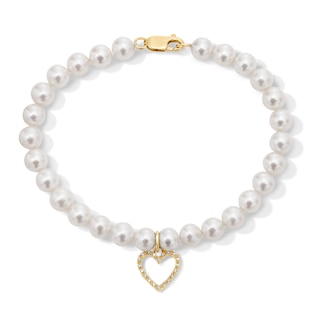 6.0-7.0mm Freshwater Cultured Pearl and 0.085 CT. T.W. Diamond Heart Charm Bracelet in 10K Gold - 8”