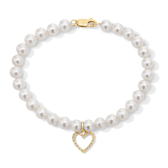 6.0-7.0mm Freshwater Cultured Pearl and 0.085 CT. T.W. Diamond Heart Charm Bracelet in 10K Gold - 8”