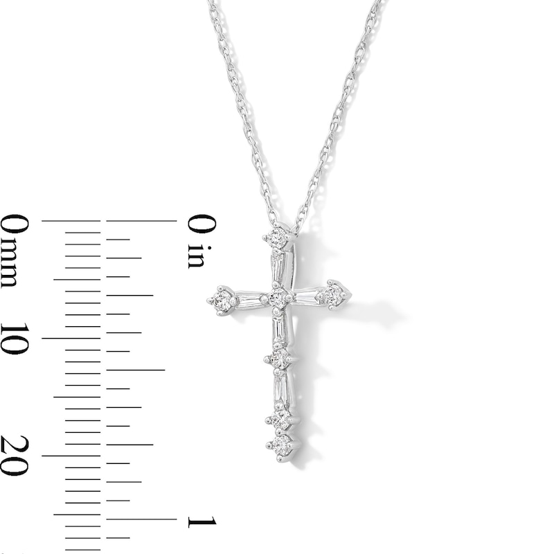 Main Image 2 of 0.23 CT. T.W. Baguette and Round Diamond Cross Pendant in Sterling Silver