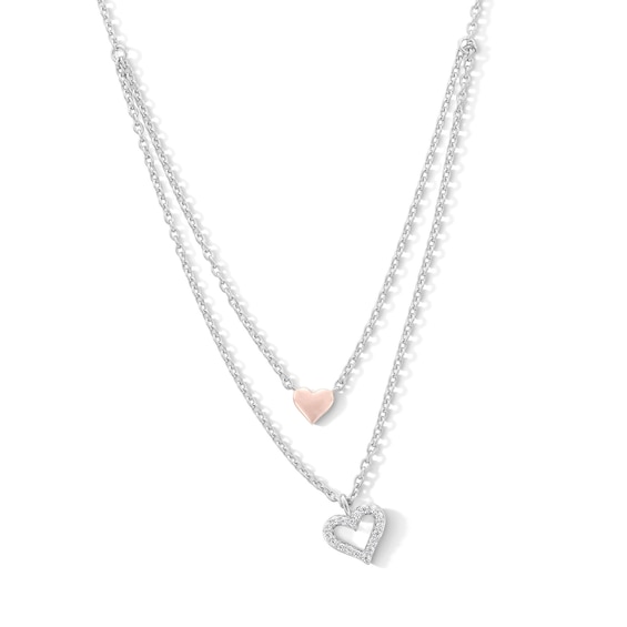 0.085 CT. T.W. Diamond Layered Double Heart Necklace in Sterling Silver and 18K Rose Gold Plate - 19”