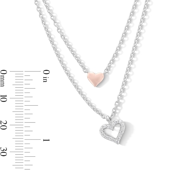 0.085 CT. T.W. Diamond Layered Double Heart Necklace in Sterling Silver and 18K Rose Gold Plate - 19”