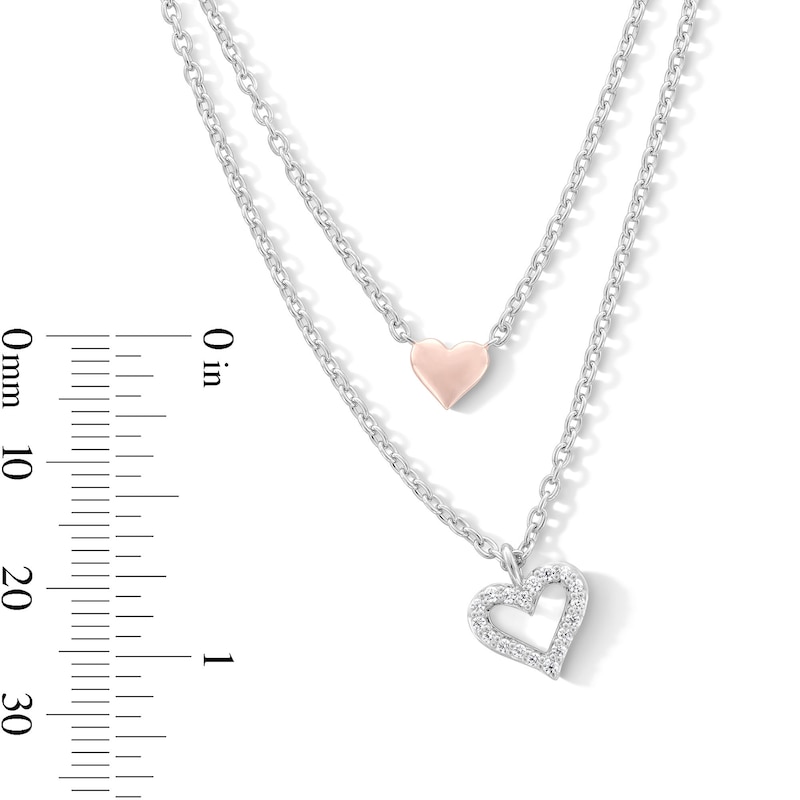 Main Image 3 of 0.085 CT. T.W. Diamond Layered Double Heart Necklace in Sterling Silver and 18K Rose Gold Plate - 19”