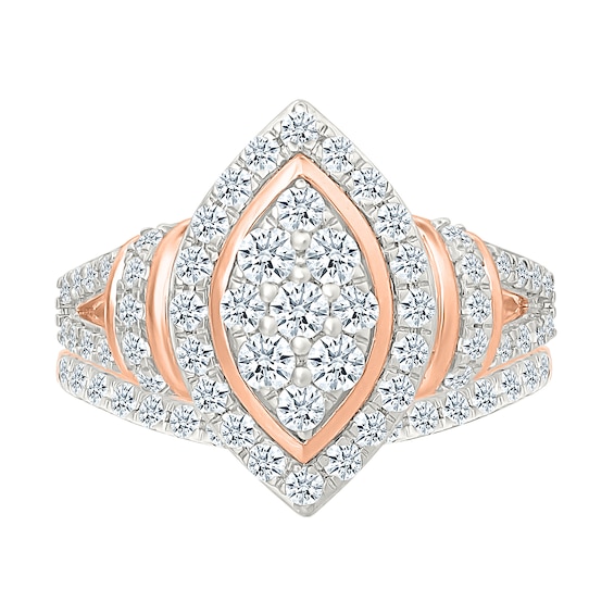 0.95 CT. T.W. Marquise-Shaped Multi-Diamond Frame Collar Split Shank Bridal Set in 10K Rose Gold