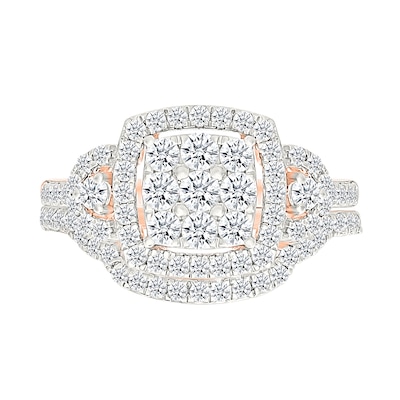 0.95 CT. T.W. Cushion-Shaped Multi-Diamond Frame Collar Bridal Set in 10K Rose Gold