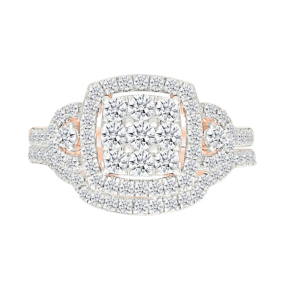 0.95 CT. T.W. Cushion-Shaped Multi-Diamond Frame Collar Bridal Set in 10K Rose Gold