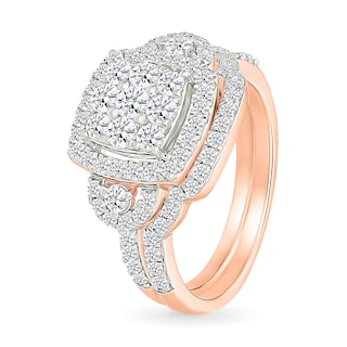 0.95 CT. T.W. Cushion-Shaped Multi-Diamond Frame Collar Bridal Set in 10K Rose Gold