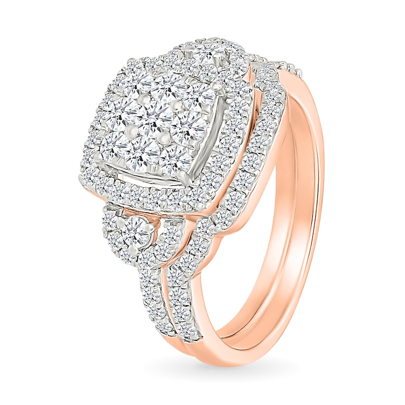 0.95 CT. T.W. Cushion-Shaped Multi-Diamond Frame Collar Bridal Set in 10K Rose Gold