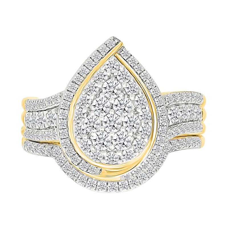 0.95 CT. T.W. Pear-Shaped Multi-Diamond Swirl Frame Triple Row Bridal Set in 10K Gold