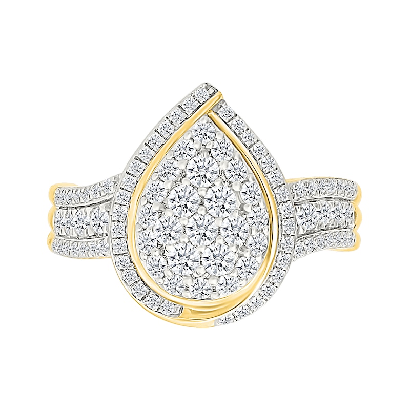 0.95 CT. T.W. Pear-Shaped Multi-Diamond Swirl Frame Triple Row Bridal Set in 10K Gold