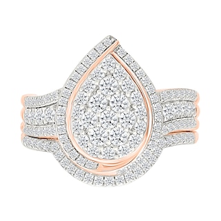 0.95 CT. T.W. Pear-Shaped Multi-Diamond Swirl Frame Triple Row Bridal Set in 10K Rose Gold