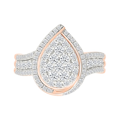 0.95 CT. T.W. Pear-Shaped Multi-Diamond Swirl Frame Triple Row Bridal Set in 10K Rose Gold