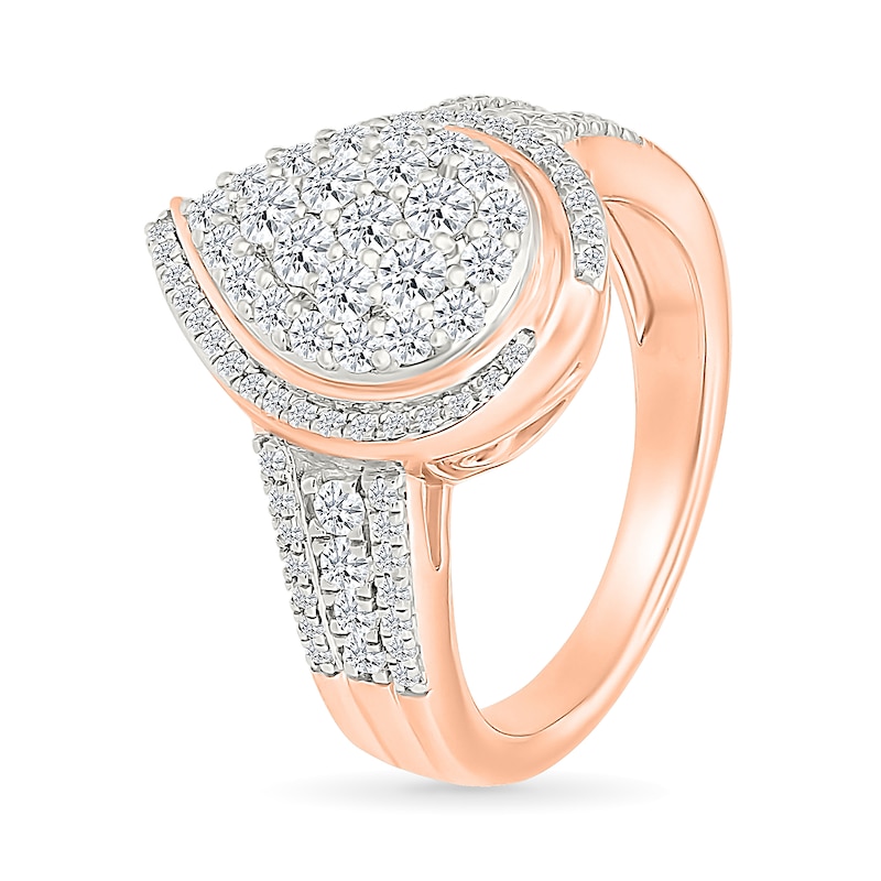 0.95 CT. T.W. Pear-Shaped Multi-Diamond Swirl Frame Triple Row Bridal Set in 10K Rose Gold