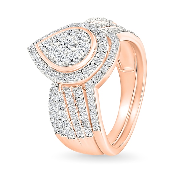 0.95 CT. T.W. Pear-Shaped Multi-Diamond Frame Multi-Row Bridal Set in 10K Rose Gold