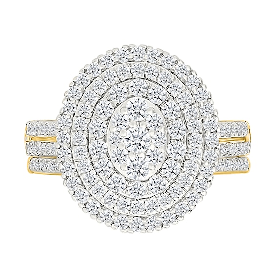 1.23 CT. T.W. Oval-Shaped Multi-Diamond Triple Frame Double Row Shank Bridal Set in 10K Gold