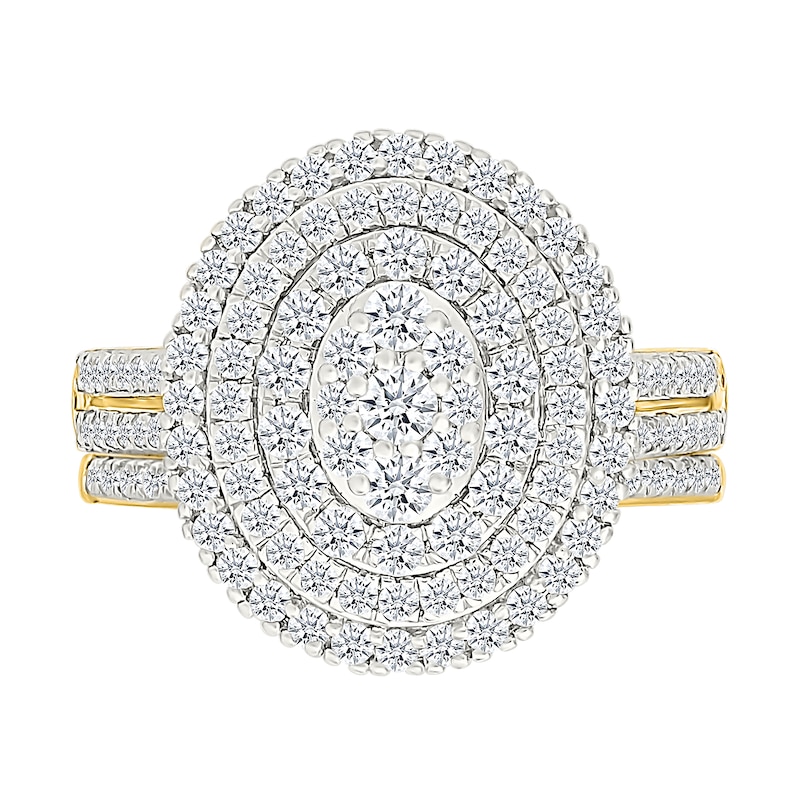 1.23 CT. T.W. Oval-Shaped Multi-Diamond Triple Frame Double Row Shank Bridal Set in 10K Gold